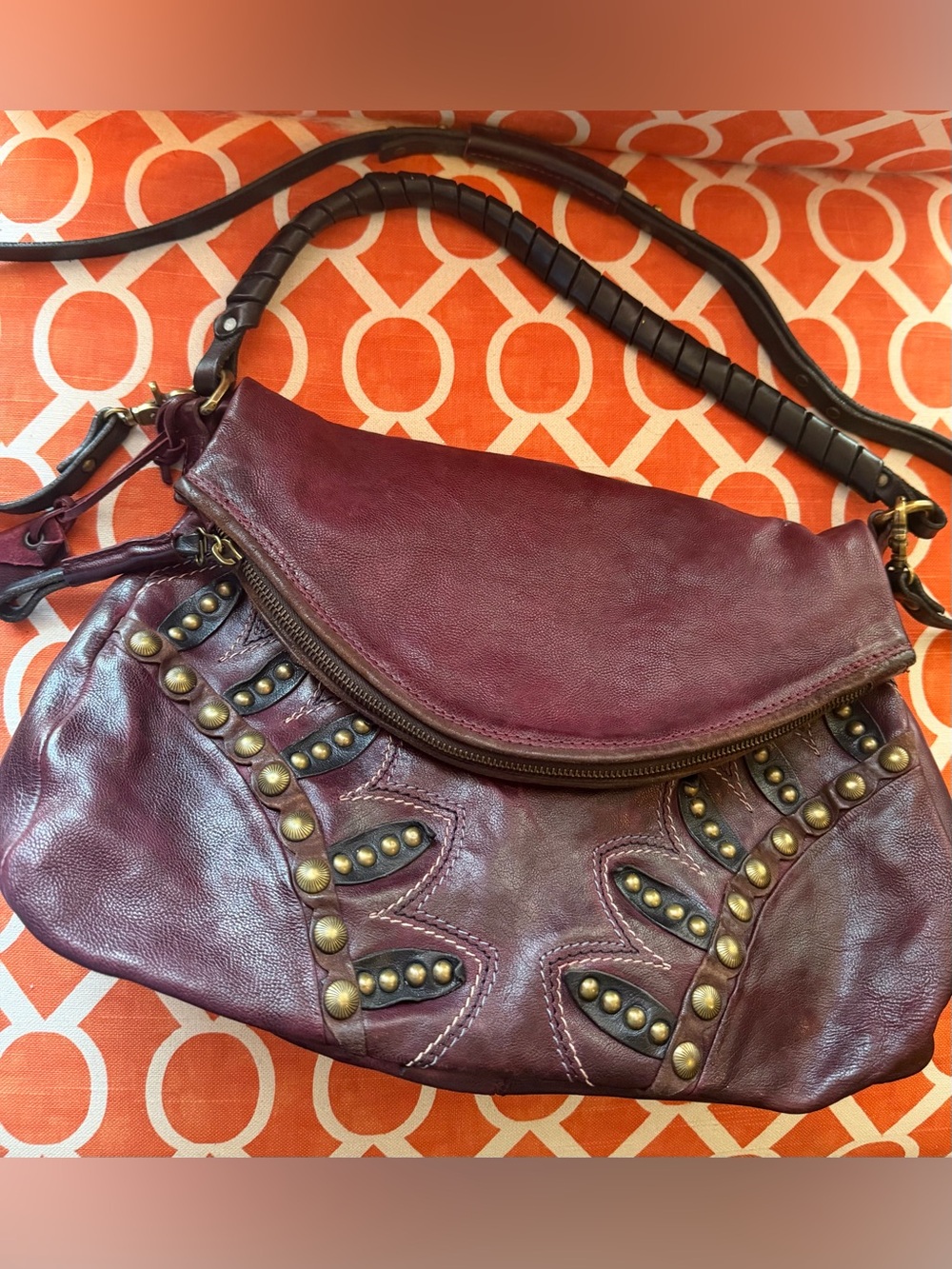 A.S.98 Women’s Leather Crossbody Bag - Burgundy with Brass Stud Accents